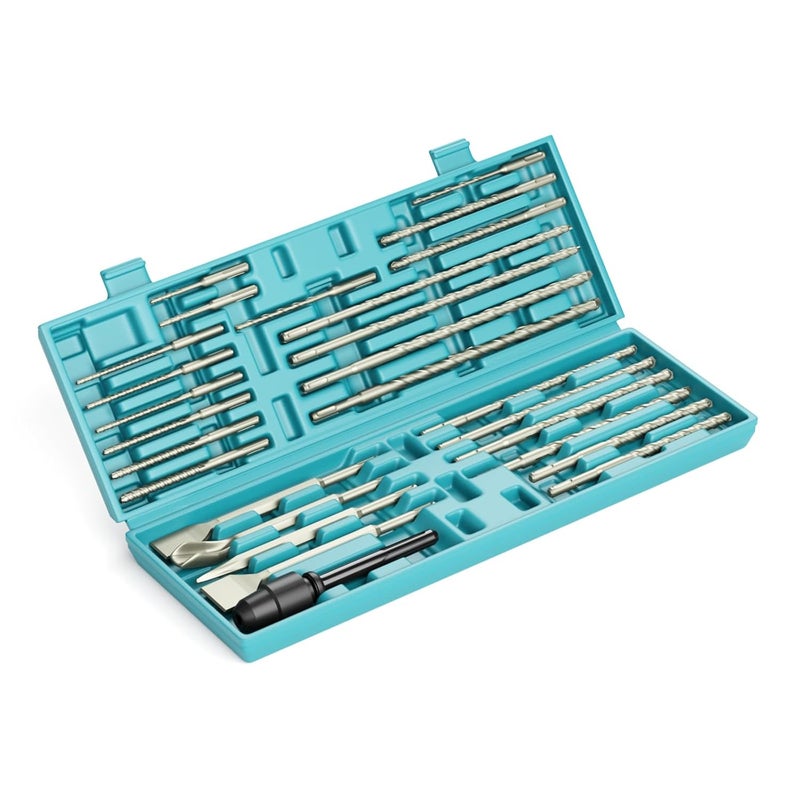 YOSIGHT 27Pcs SDS-Plus Drill Bits & Chisel Set - Rotary Hammer Carbide Tipped Double-Threaded Drill Bits & Chisels & SDS-Max to SDS Plus Adapter, with Storage Box, for Masonry Construction Materials - Image 1